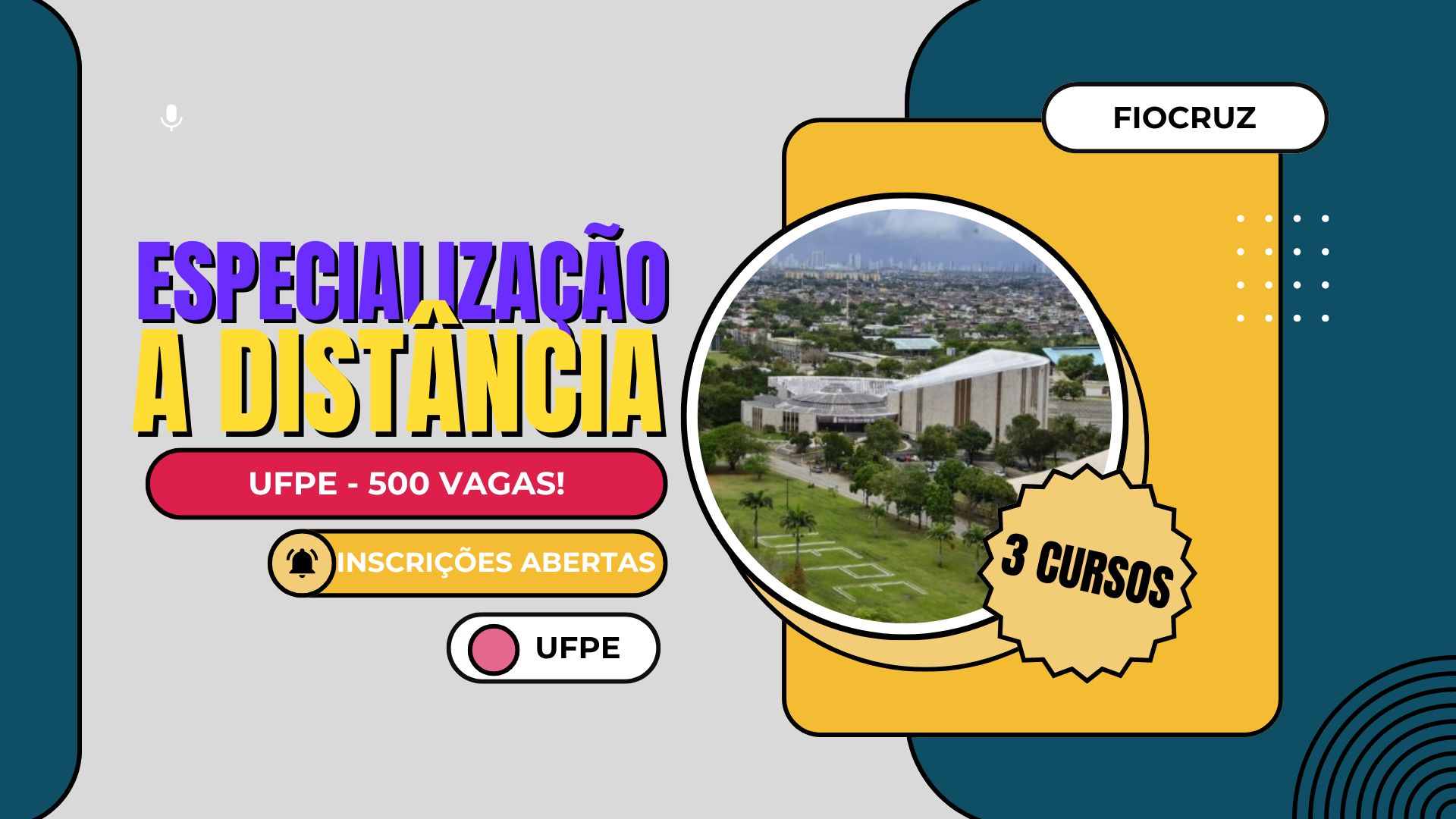 Inscrições abertas até 10 de agosto na UFPE para 3 Cursos de Especialização EAD. Garanta sua vaga e avance na sua formação profissional agora!