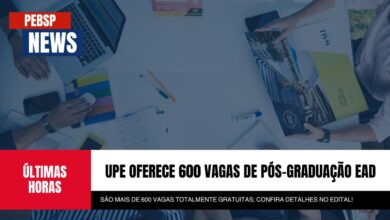 Últimas horas! 600 vagas em especialização EAD gratuita na UPE. Inscrições encerram amanhã! Garanta sua vaga agora mesmo.